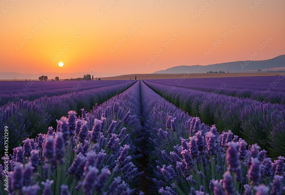 Naklejka premium Lavender field in full bloom under soft sunset light with distant hills