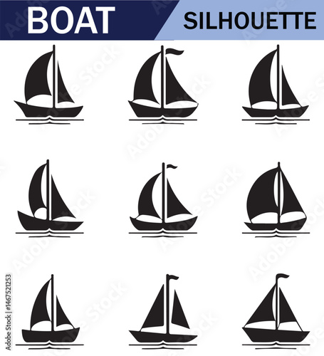 Various black  sailboat silhouettes set on a white background, featuring different sailing positions and boat styles.