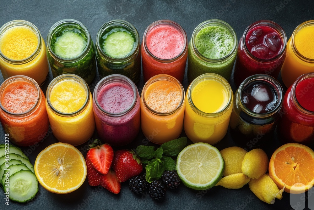 Assorted fresh pressed fruit juices served in transparent plastic bottles arranged in circle pattern on wooden table photographed from above in daylight showcasing natural vitamin rich hydration,
