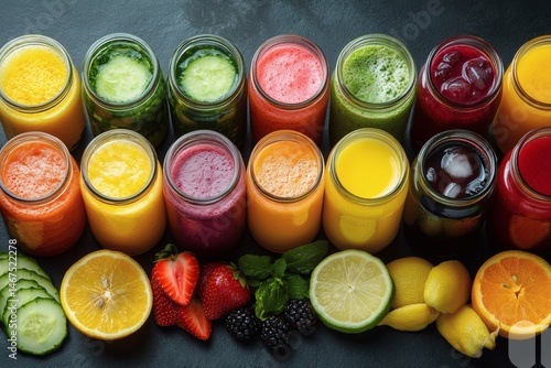 Obraz na płótnie Assorted fresh pressed fruit juices served in transparent plastic bottles arranged in circle pattern on wooden table photographed from above in daylight showcasing natural vitamin rich hydration,
w salonie