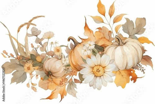 Exquisitely detailed watercolor illustration in a fairytale cottagecore style, presenting a beautiful autumn floral frame alongside pumpkins. The artwork flaunts a palette of faded soft beige, white, 
