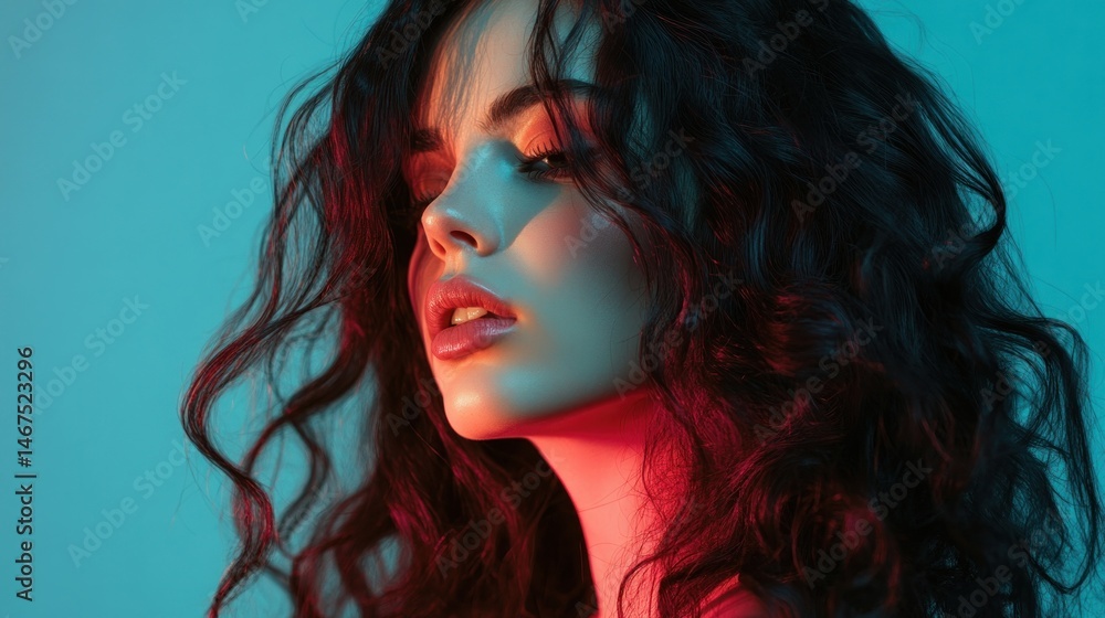 Fototapeta premium Profile portrait of a woman with curly hair in vibrant lighting