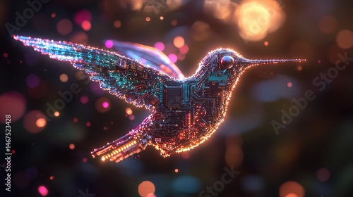 Digital hummingbird design with glowing circuit board texture.