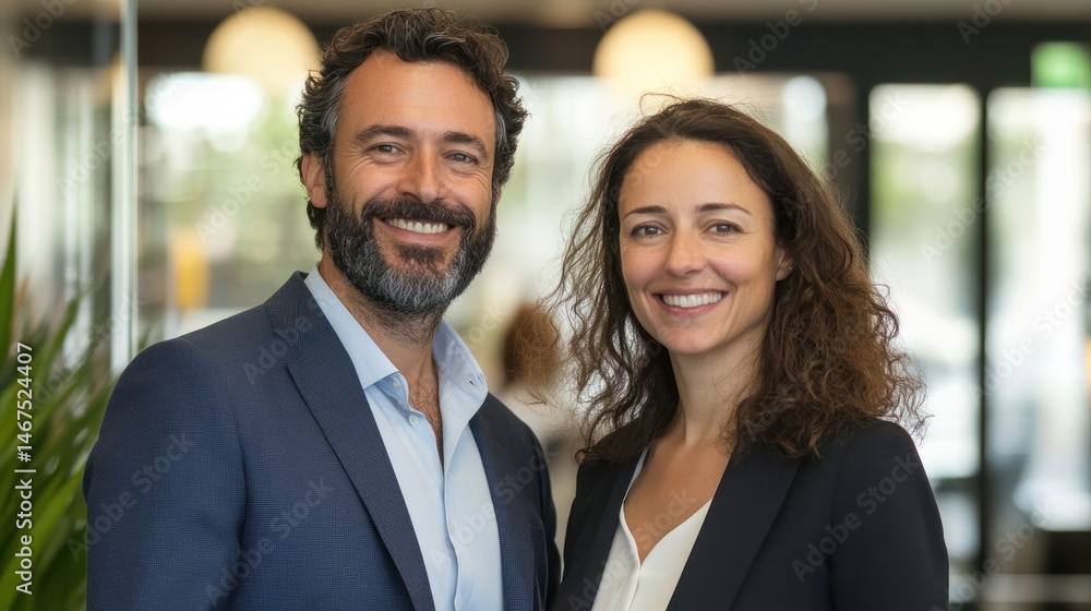 Professional couple smiling in modern office setting (1) Professional couple smiling in modern office setting (1)