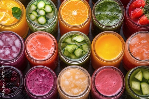 Assorted fresh pressed fruit juices served in transparent plastic bottles arranged in circle pattern on wooden table photographed from above in daylight showcasing natural vitamin rich hydration,
