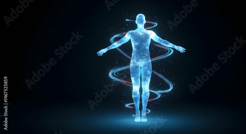 Radiant Human Silhouette with Energetic Swirls and Cosmic Sparks