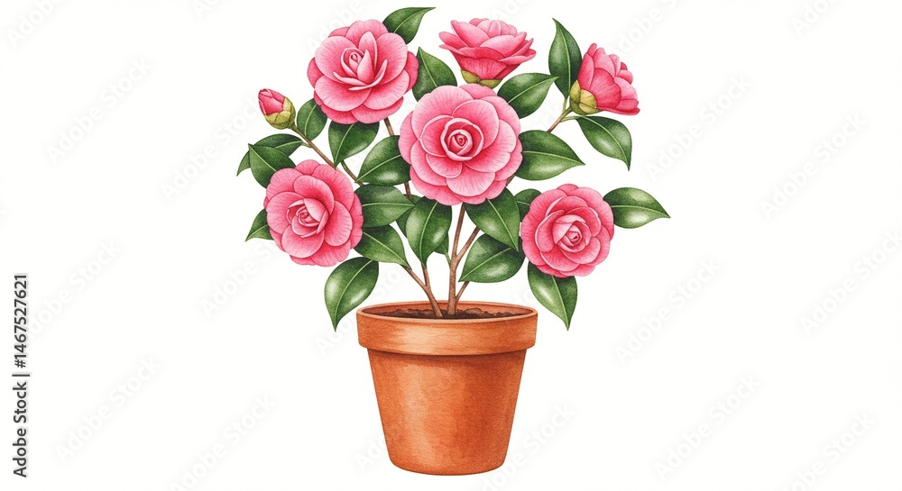 Obraz premium Watercolor illustration of a flowering camellia plant in a terra cotta pot with beautiful pink flowers and green leaves.