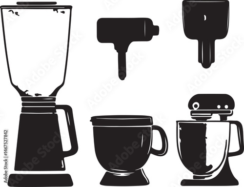 Black Silhouette Kitchen Appliances: Blender, Mixer, and Food Processor Set