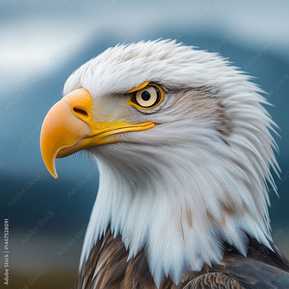 Obraz premium A razorsharp macro shot of a Bald Eagles head showing its powerful golden beak piercing yellow eyes and intricate feather textures