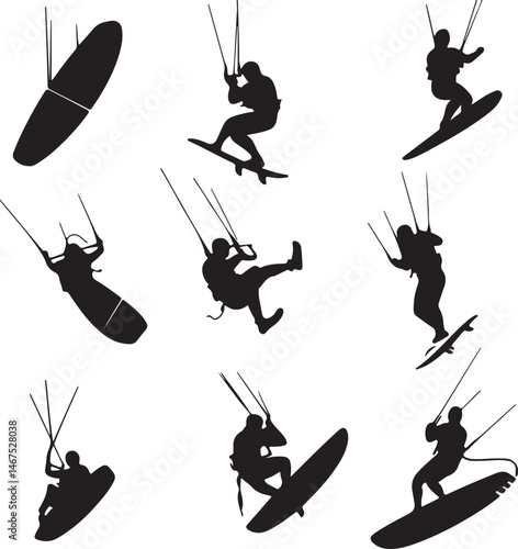 Kiteboarding Silhouettes: Action-Packed Collection of Watersports Figures in Black and White