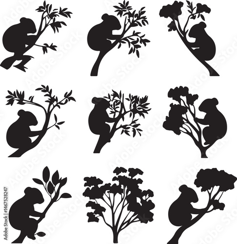 Photography Silhouette Koala Bears in Various Poses Climbing Trees, Black and White Vector A