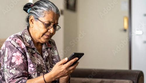 Elderly Woman using a Smartphone - Elders using Technology - Adapting to Advanced Society - Old lady texting, chatting, calling, surfing - Senior using a mobile phone or cellphone at Home