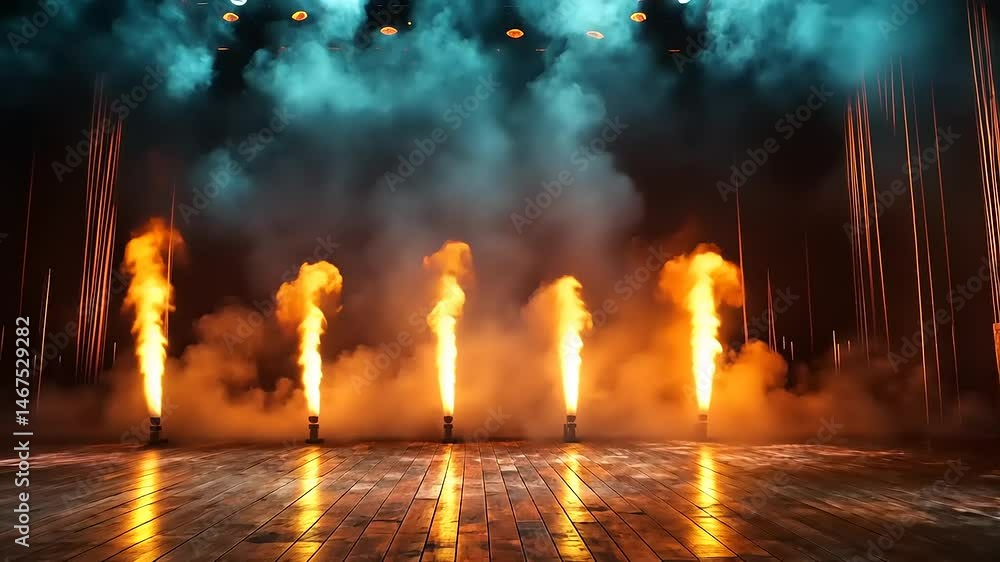 Dramatic Stage with Flames and Smoke Effects