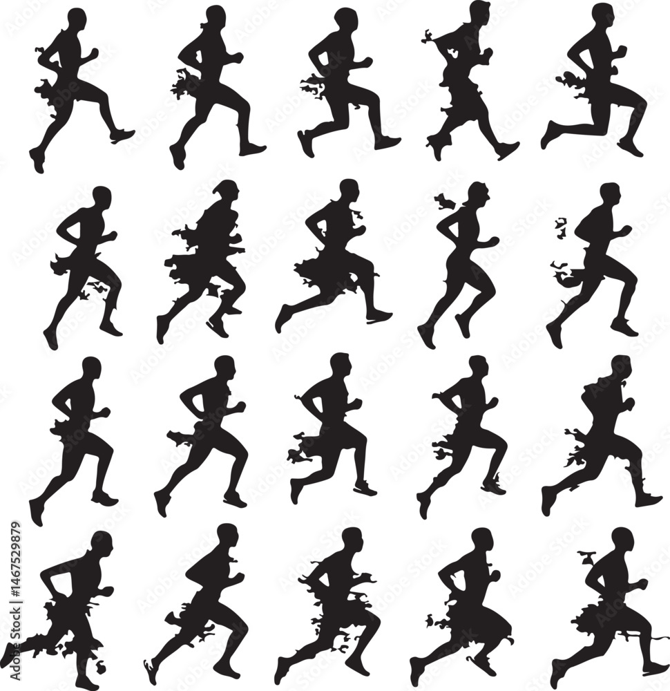 Runner Silhouette Sequence: Dynamic Motion, Black and White, Athlete, Running Steps Runner Silhouette Sequence: Dynamic Motion, Black and White, Athlete, Running Steps