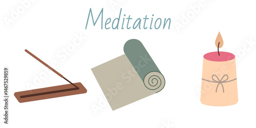 Meditation time set. Hand drawn elements collection: aroma stick, mat, candle. Vector flat illustration of meditation stuff, equipments, yoga accessories