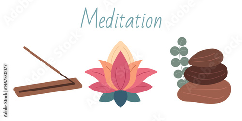 Meditation time set. Hand drawn elements collection: aroma stick, lotus, massage stones. Vector flat illustration of meditation stuff, equipments, yoga accessories
