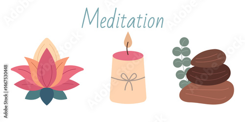Meditation time set. Hand drawn elements collection: lotus, candle, massage stones. Vector flat illustration of meditation stuff, equipments, yoga accessories