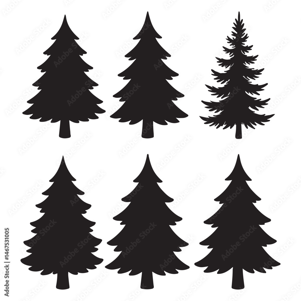 Fototapeta premium Silhouette Pine Tree Clipart Vector Bundle Evergreen Forest Icons
