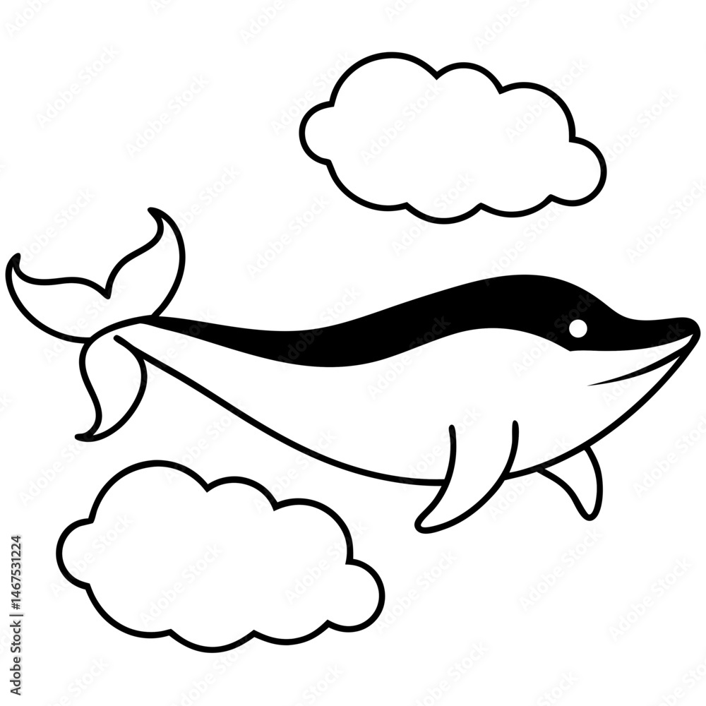 Fototapeta premium Dolphin swimming with clouds silhouette vector illustration