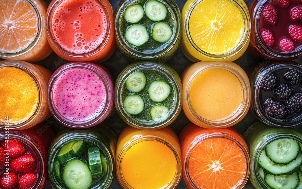 Assorted fresh pressed fruit juices served in transparent plastic bottles arranged in circle pattern on wooden table photographed from above in daylight showcasing natural vitamin rich hydration,