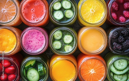 Obraz na płótnie Assorted fresh pressed fruit juices served in transparent plastic bottles arranged in circle pattern on wooden table photographed from above in daylight showcasing natural vitamin rich hydration,
w salonie