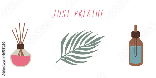Meditation time set. Hand drawn elements collection: aromatic diffuser, leaf, bottle of aromatic oil. Vector flat illustration of meditation stuff, equipments, yoga accessories