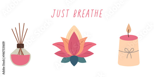 Meditation time set. Hand drawn elements collection: aromatic diffuser, lotus, candle. Vector flat illustration of meditation stuff, equipments, yoga accessories