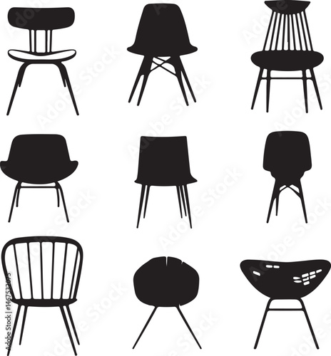 Modern Chair Silhouettes: Minimalist Furniture Designs in Black and White Vector Art