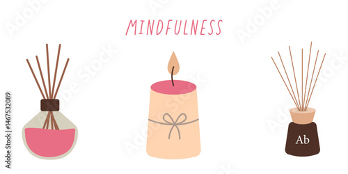 Meditation time set. Hand drawn elements collection: aromatic diffusesr, candle. Vector flat illustration of meditation stuff, equipments, yoga accessories