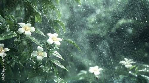 Wallpaper Mural Delicate white flowers in a lush, rainy jungle. Torontodigital.ca