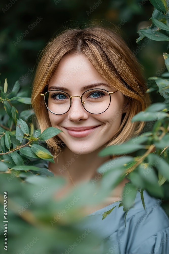 Smiling woman in eyeglasses, amidst greenery Smiling woman in eyeglasses, amidst greenery