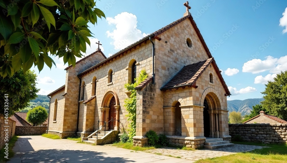 Obraz premium Ancient stone church exterior, weathered facade, cathedral, architecture