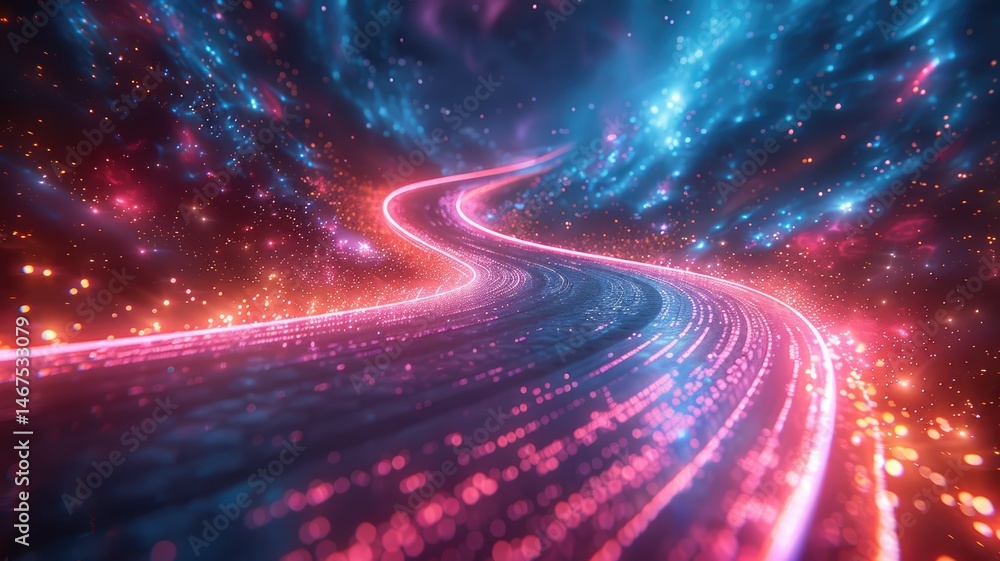 Obraz premium Futuristic tunnel with vibrant pink and blue lights. Abstract artwork of starry sky and planet with glowing red line and dark sky. Nebula outer space scene. Digital art for design and print. AIG53.