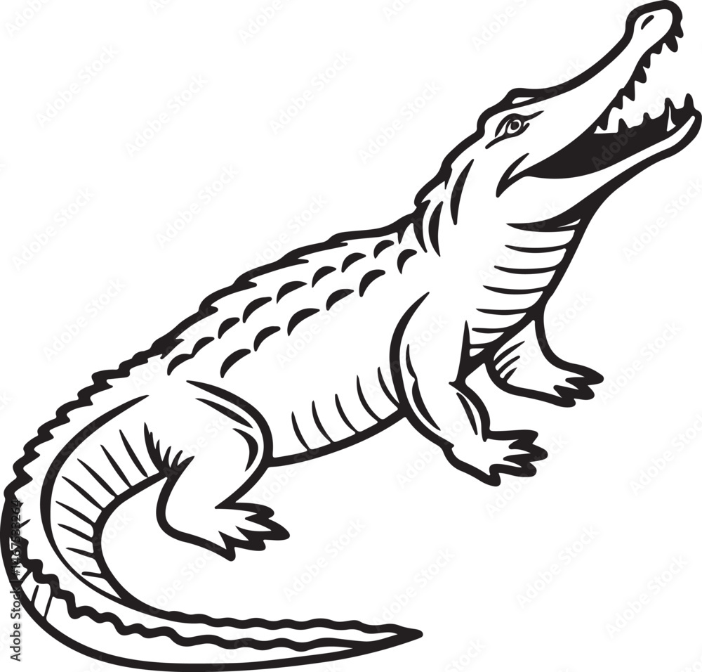 Crocodile silhouette in vector art, perfect for kids' coloring pages, emphasizing fun and creativity in art Crocodile silhouette in vector art, perfect for kids' coloring pages, emphasizing fun and creativity in art