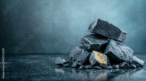 Rugged weathered rocks in various shades of gray and black stand tall on a still reflective surface