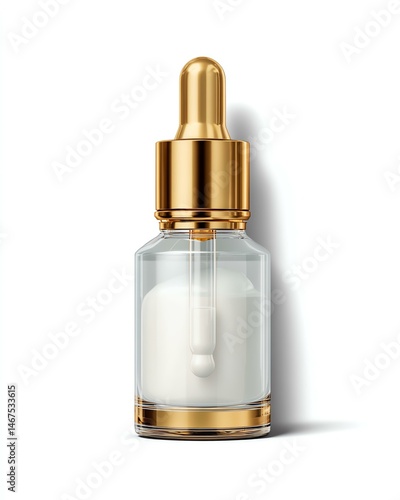 Elegant serum bottle with dropper on white background.