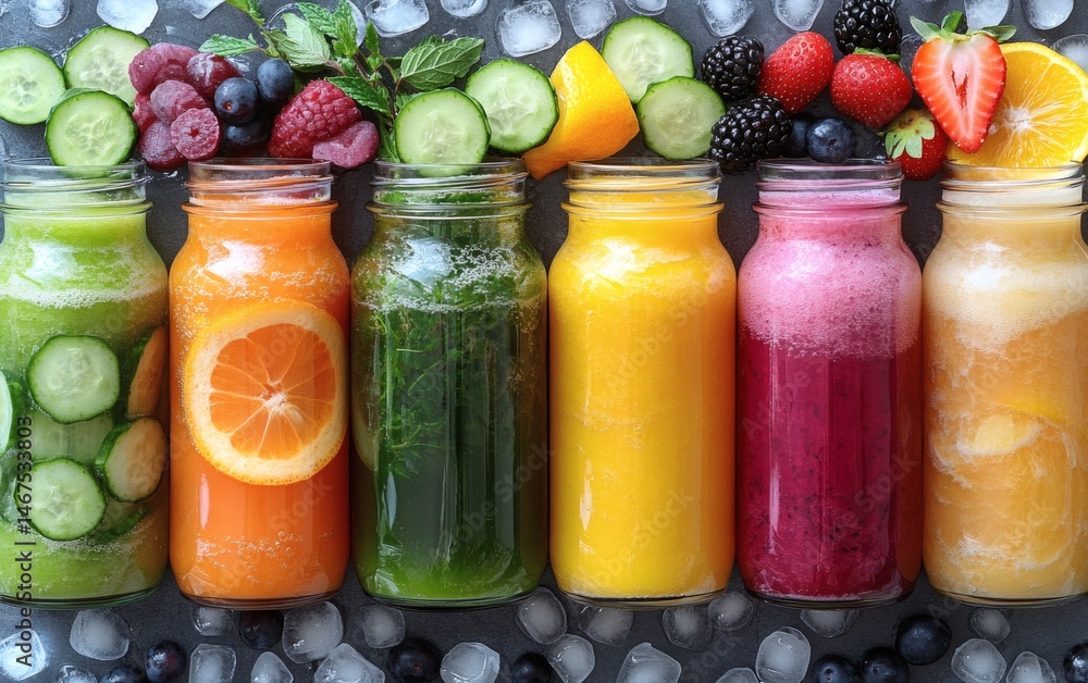 Assorted fresh pressed fruit juices served in transparent plastic bottles arranged in circle pattern on wooden table photographed from above in daylight showcasing natural vitamin rich hydration,