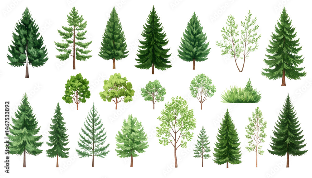 decorative green trees set. park garden plants, decoration environment summer shrub coniferous deciduous thuja spruce pot landscape design vector illustration decorative green trees set. park garden plants, decoration environment summer shrub coniferous deciduous thuja spruce pot landscape design vector illustration