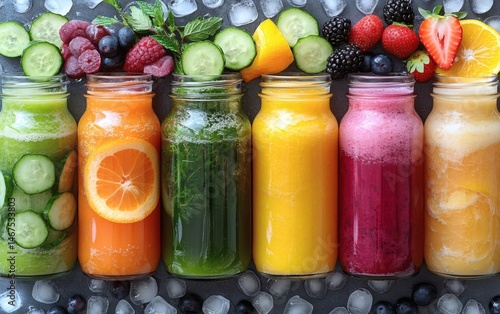 Obraz na płótnie Assorted fresh pressed fruit juices served in transparent plastic bottles arranged in circle pattern on wooden table photographed from above in daylight showcasing natural vitamin rich hydration,
w salonie
