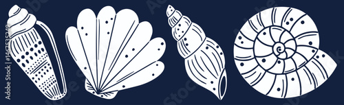 Various seashells of different shapes. Hand drawn set of seashells and conch. White and blue sea elements. Vector illustration