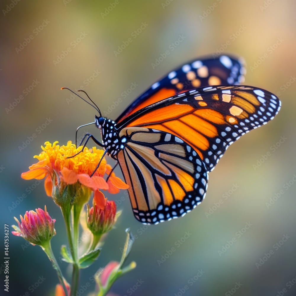 Fototapeta premium A striking macro shot of a Monarch Butterfly delicately perched on a flower its bright orange and black wings sharply detailed The blurred floral background enhances the subjects beauty K