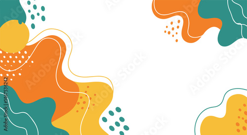 An abstract vector illustration featuring organic shapes in a palette of orange, yellow, and teal, accented with white outlines and dotted patterns against a clean white background.
