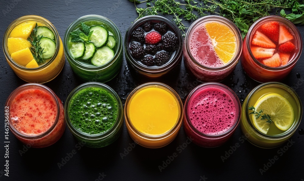 Assorted fresh pressed fruit juices served in transparent plastic bottles arranged in circle pattern on wooden table photographed from above in daylight showcasing natural vitamin rich hydration,