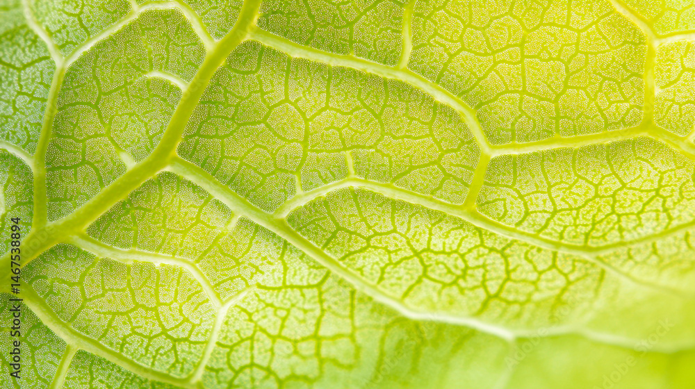 Obraz premium Dewdrops create intricate patterns on a vibrant green leaf surface under bright lighting