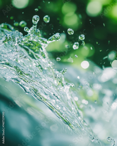 Macro shot capturing water stream entering glass with splash details in soft daylight