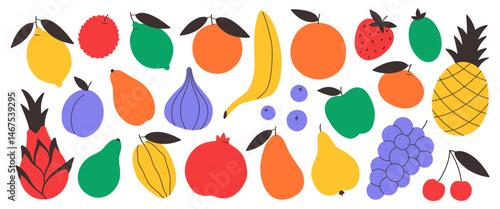 Set of different fruits and berries. Collection of organic vitamins and healthy nutrition. Vector illustration in modern abstract minimal style