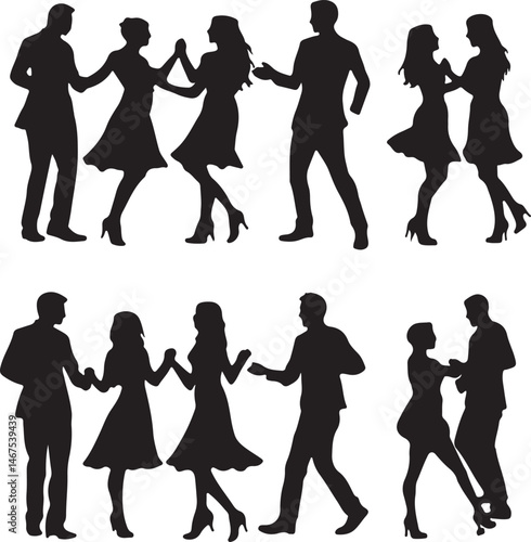 Silhouettes of Dancing Couples: Elegant Ballroom Dance Poses in Black and White, Vector Art
