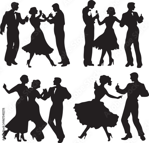 Vintage Silhouette Dancing Couples: Elegant Ballroom Dance Poses, Black & White Art