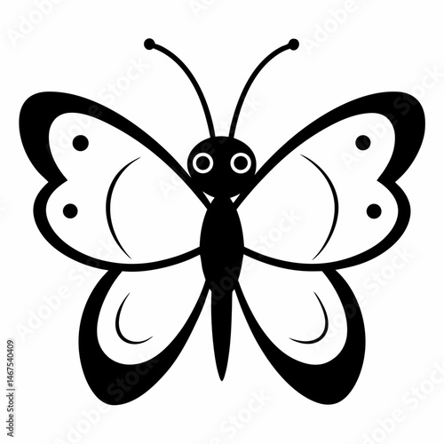 Illustration of a cartoon butterfly with spots on its wings in black and white