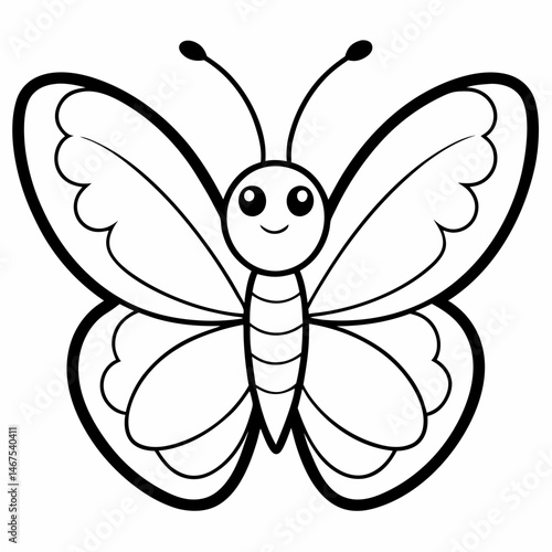 Illustration of a cartoon butterfly with large wings and a smiling face design